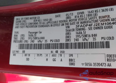 2014 Ford Fiesta Titanium z USA, uszkodzony, nr VIN 3FADP4FJ2EM106464